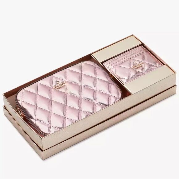 Kate Spade Glimmer Quilted Metallic Box Crossbody Set NWT - Picture 1 of 6